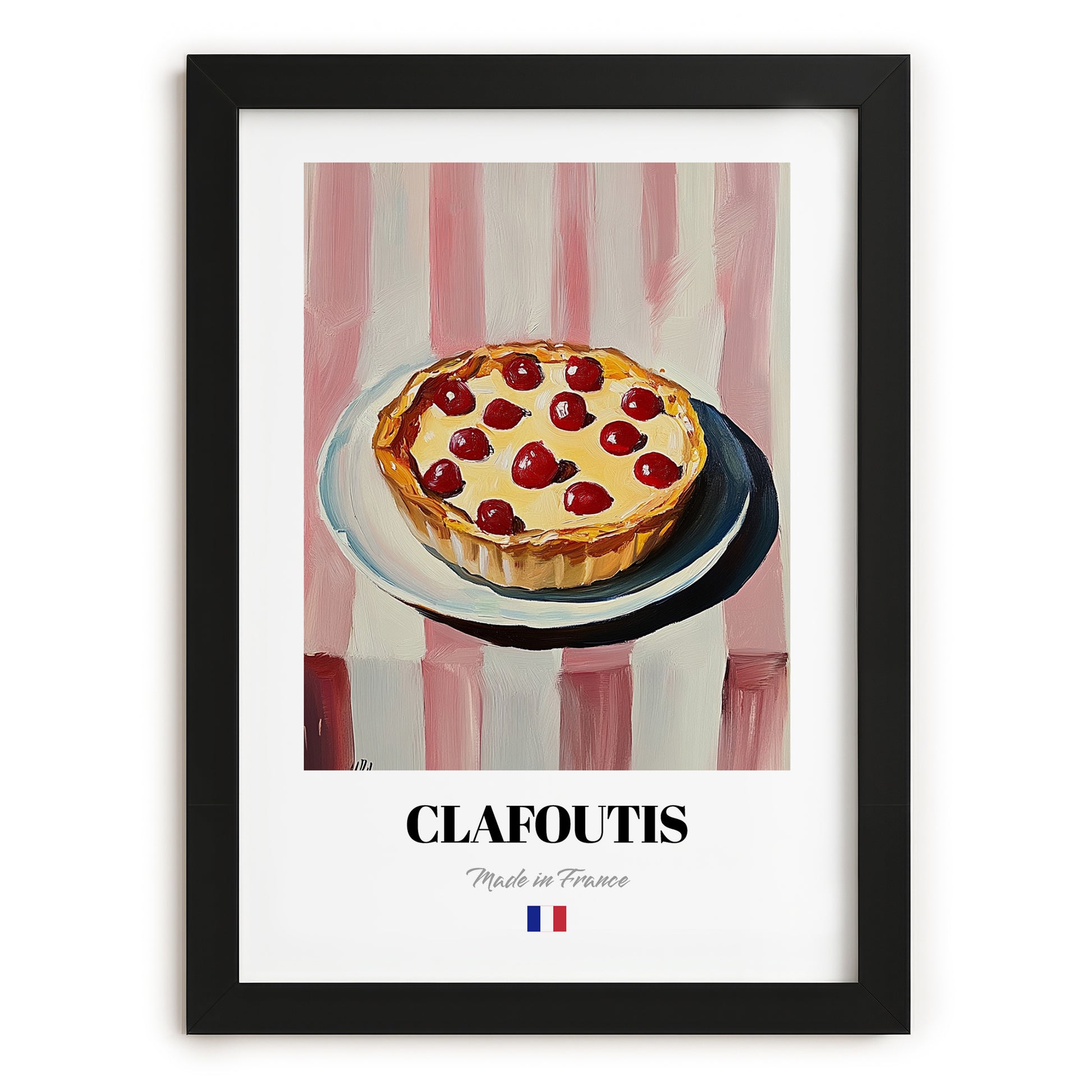Clafoutis – on Striped Tablecloth, French French Dessert Illustration, in sleek black frame