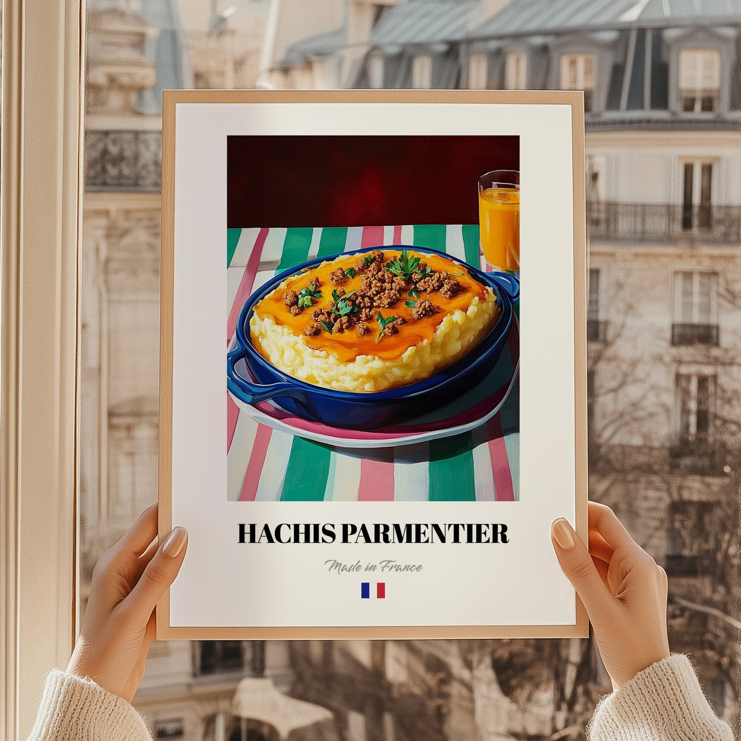 Hachis Parmentier – Oil Painting, French Food Poster, styled in a charming Paris street view