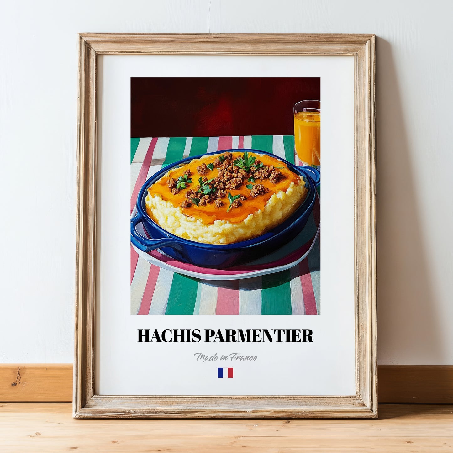 Hachis Parmentier – Oil Painting, French Food Poster, in wooden frame leaning on the floor