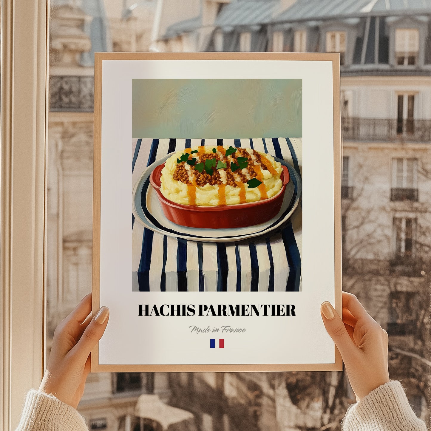 Hachis Parmentier – on Striped Tablecloth, French Food Illustration, styled in a charming Paris street view