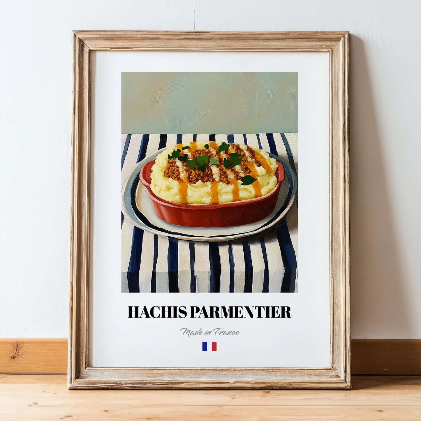 Hachis Parmentier – on Striped Tablecloth, French Food Illustration, in wooden frame leaning on the floor