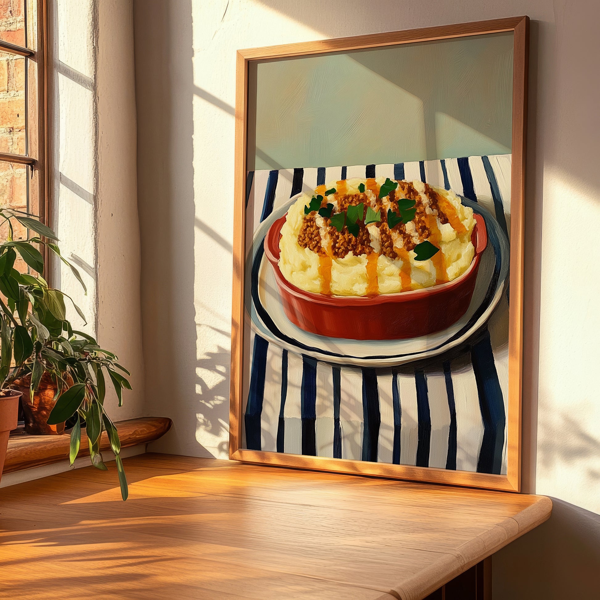 Hachis Parmentier – on Striped Tablecloth, French Food Illustration, clean layout with no caption