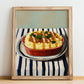 Hachis Parmentier – on Striped Tablecloth, French Food Illustration, no-text version framed in wood