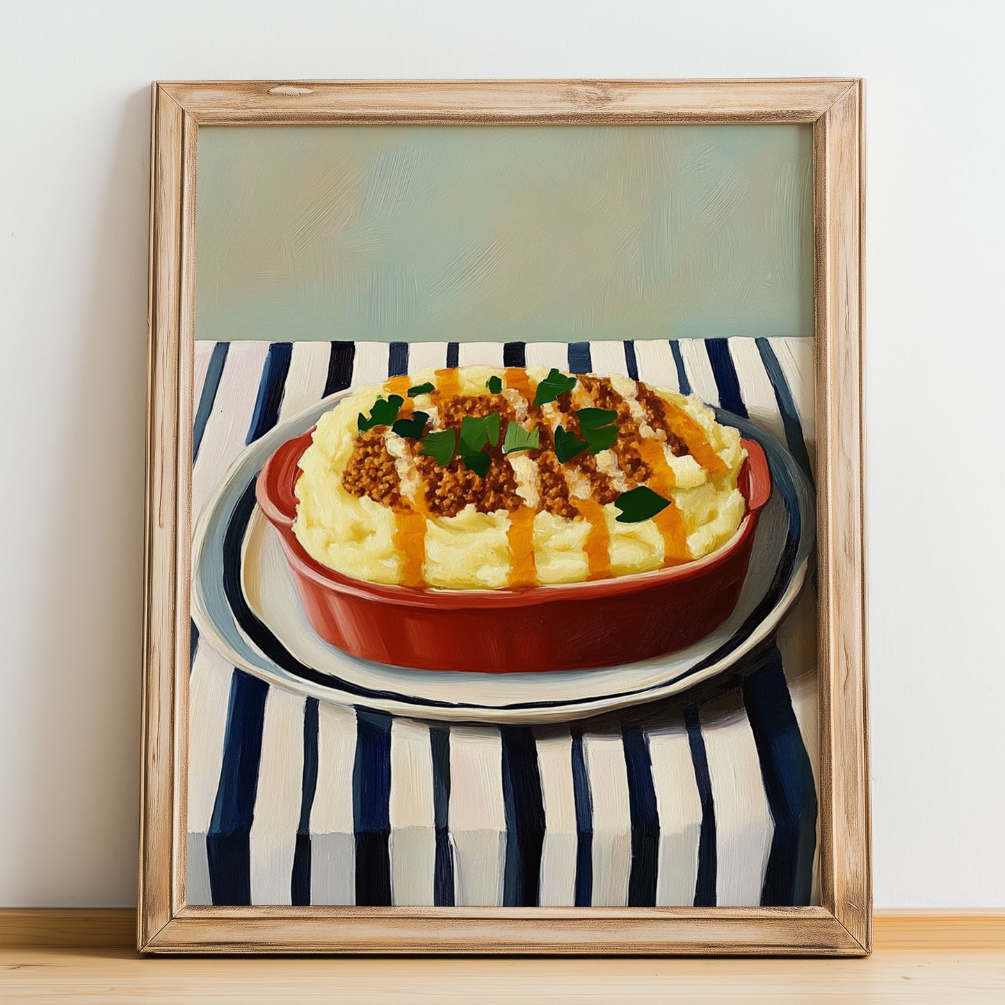 Hachis Parmentier – on Striped Tablecloth, French Food Illustration, no-text version framed in wood