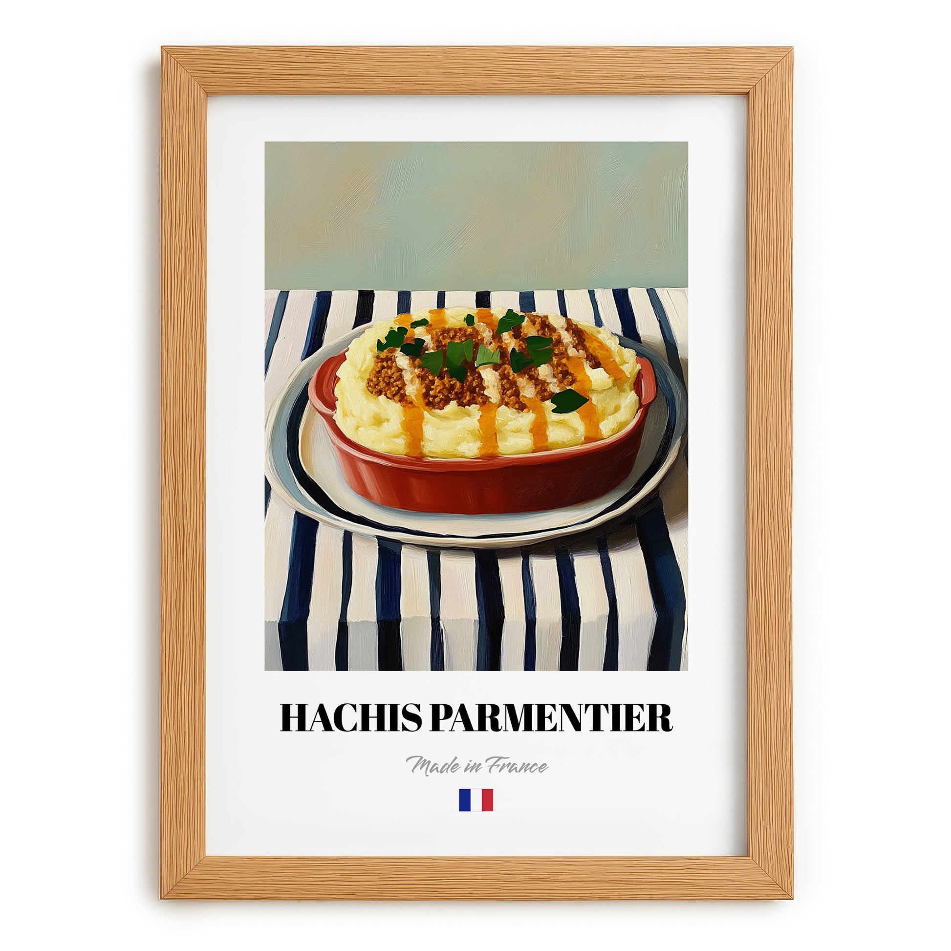 Hachis Parmentier – on Striped Tablecloth, French Food Illustration, set in oak frame