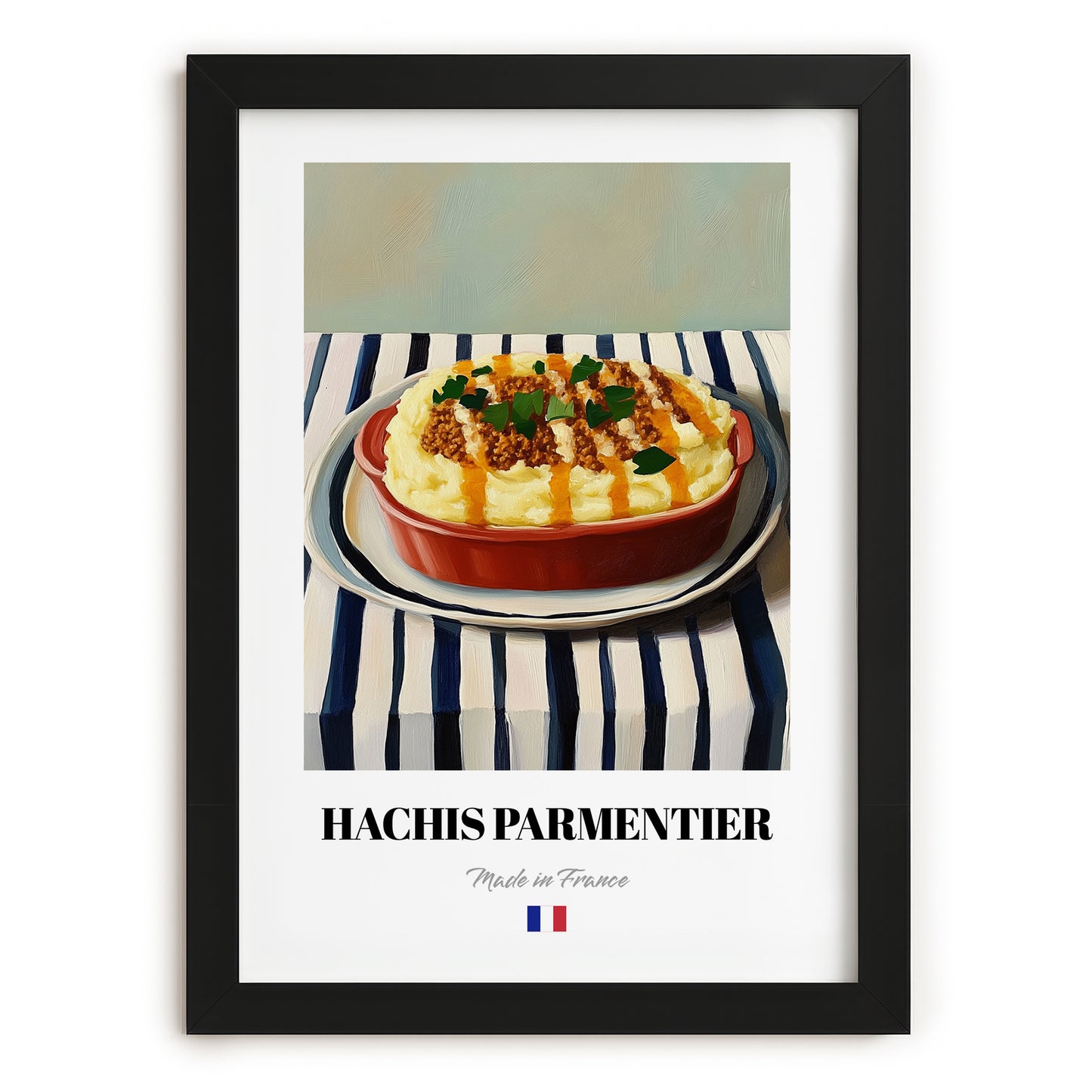 Hachis Parmentier – on Striped Tablecloth, French Food Illustration, in sleek black frame