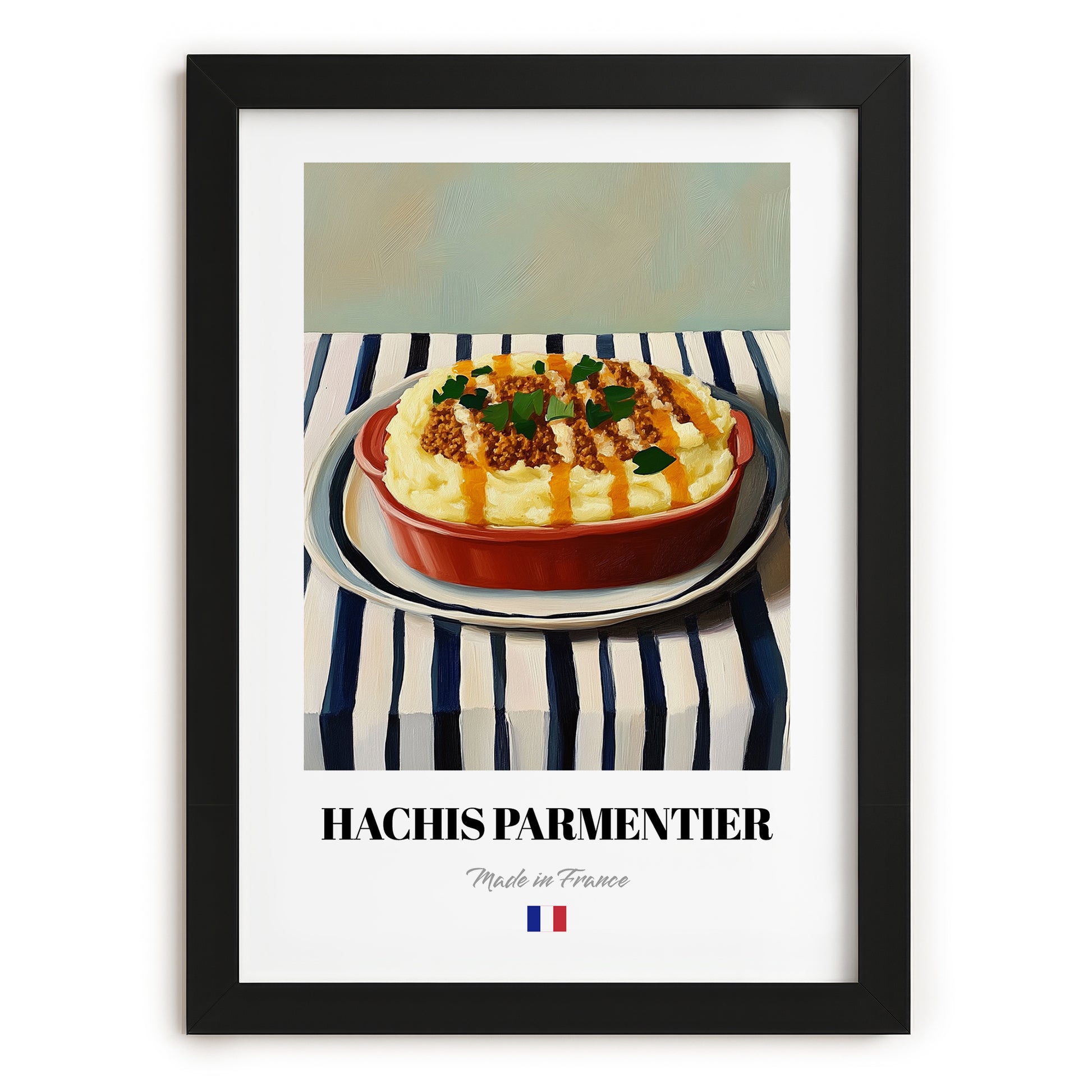 Hachis Parmentier – on Striped Tablecloth, French Food Illustration, in sleek black frame