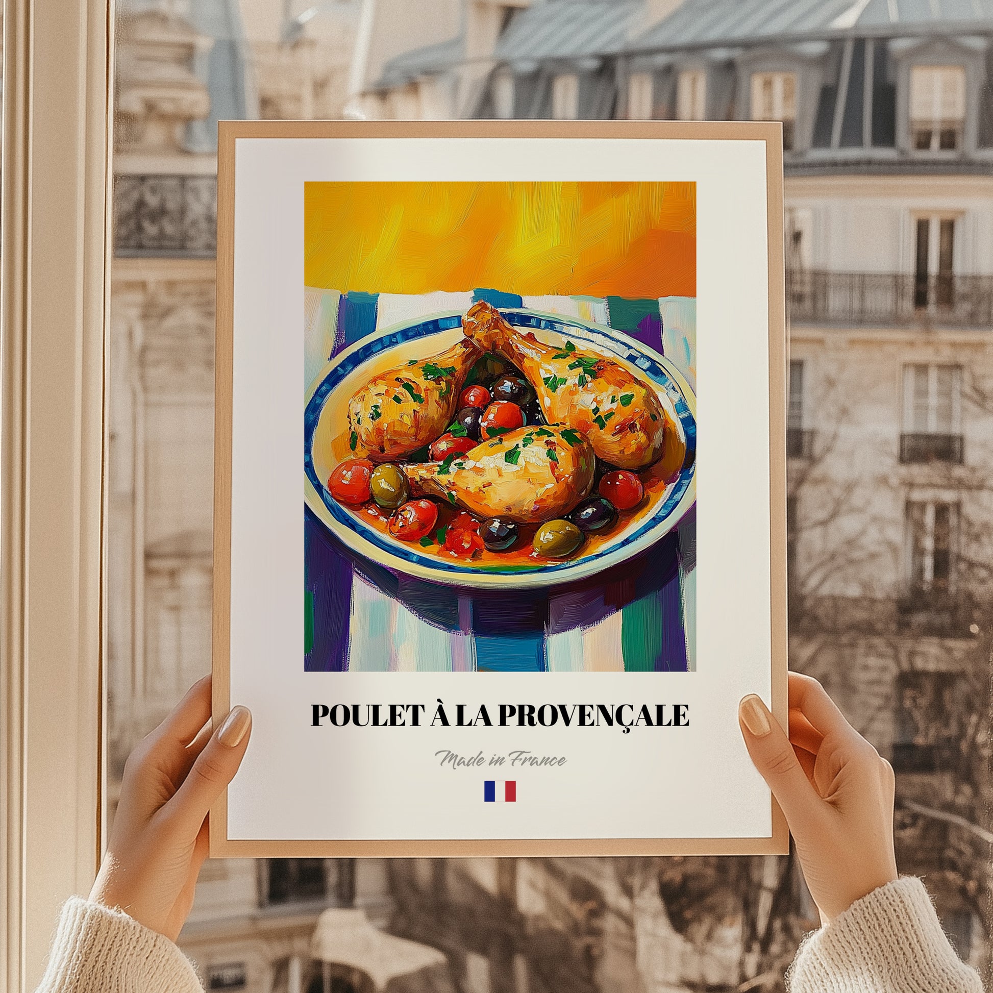 Poulet à la Provençale – Colorful Oil Painting, French Food Painting, styled in a charming Paris street view
