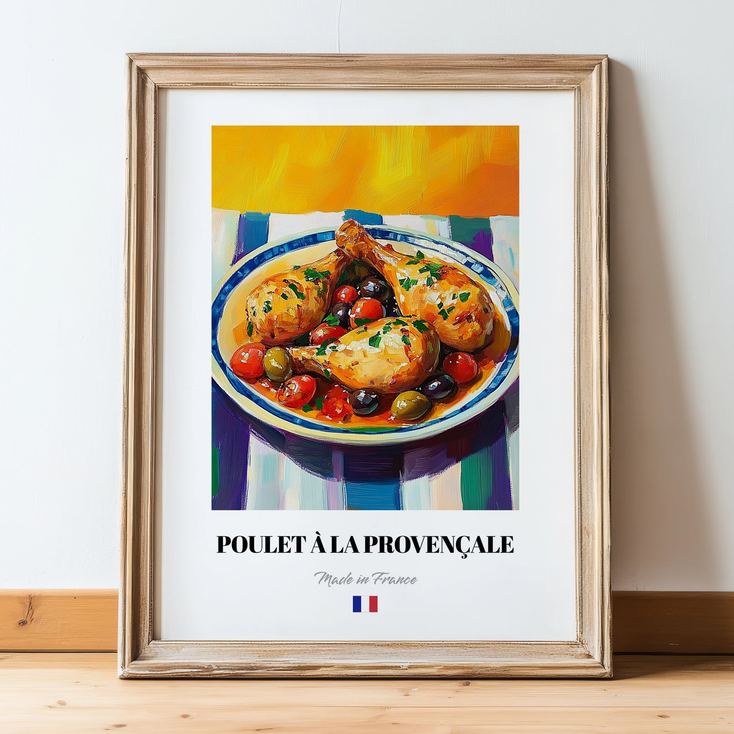 Poulet à la Provençale – Colorful Oil Painting, French Food Painting, in wooden frame leaning on the floor