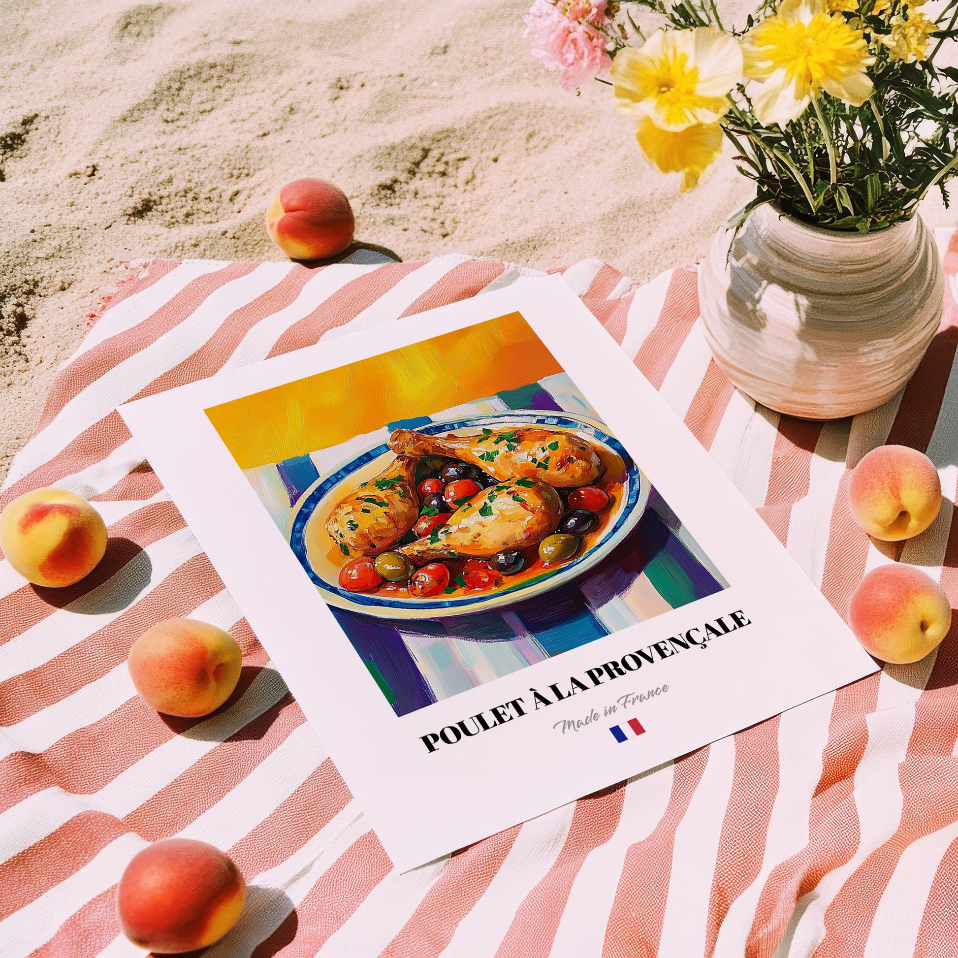 Poulet à la Provençale – Colorful Oil Painting, French Food Painting, unframed on coastal sand