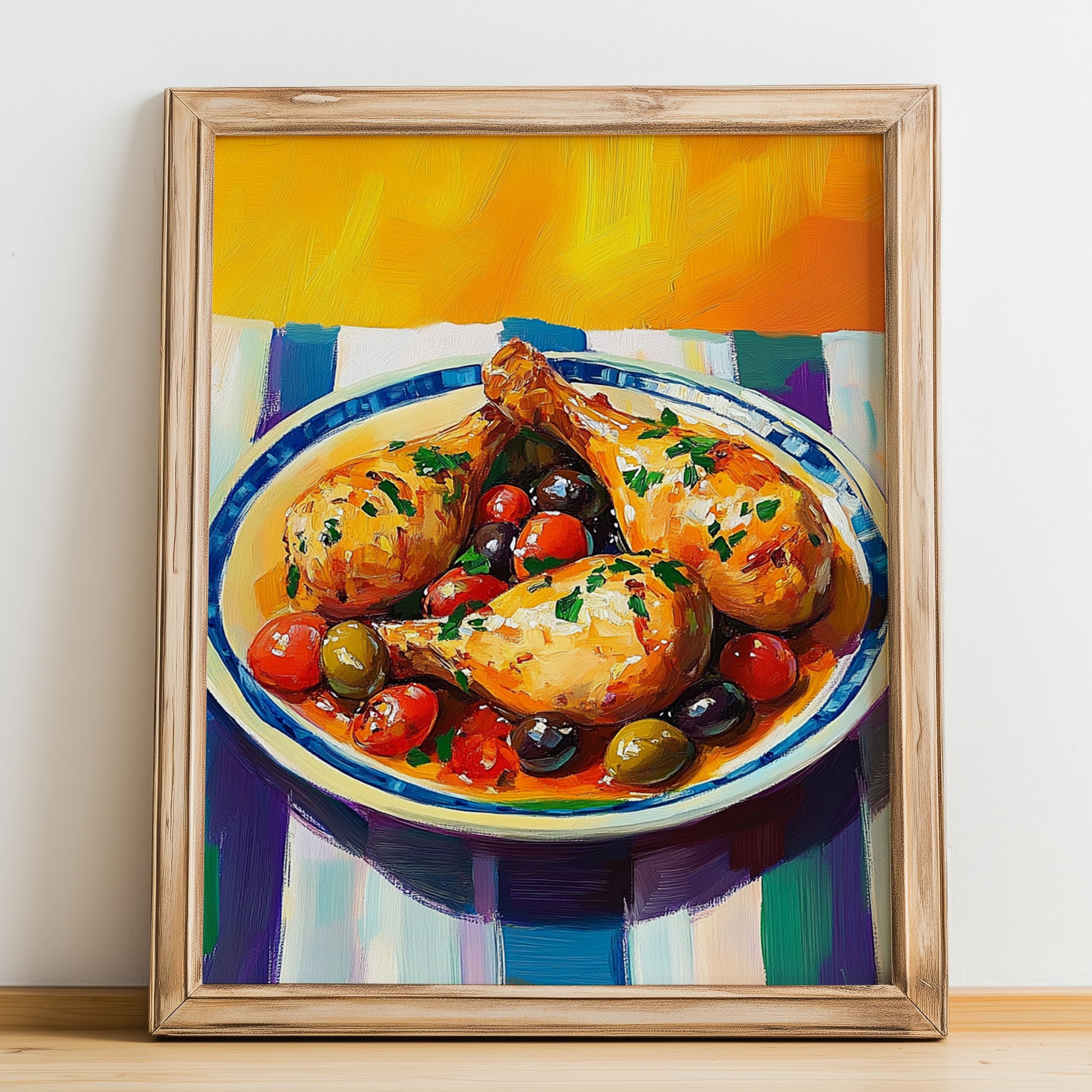 Poulet à la Provençale – Colorful Oil Painting, French Food Painting, no-text version framed in wood
