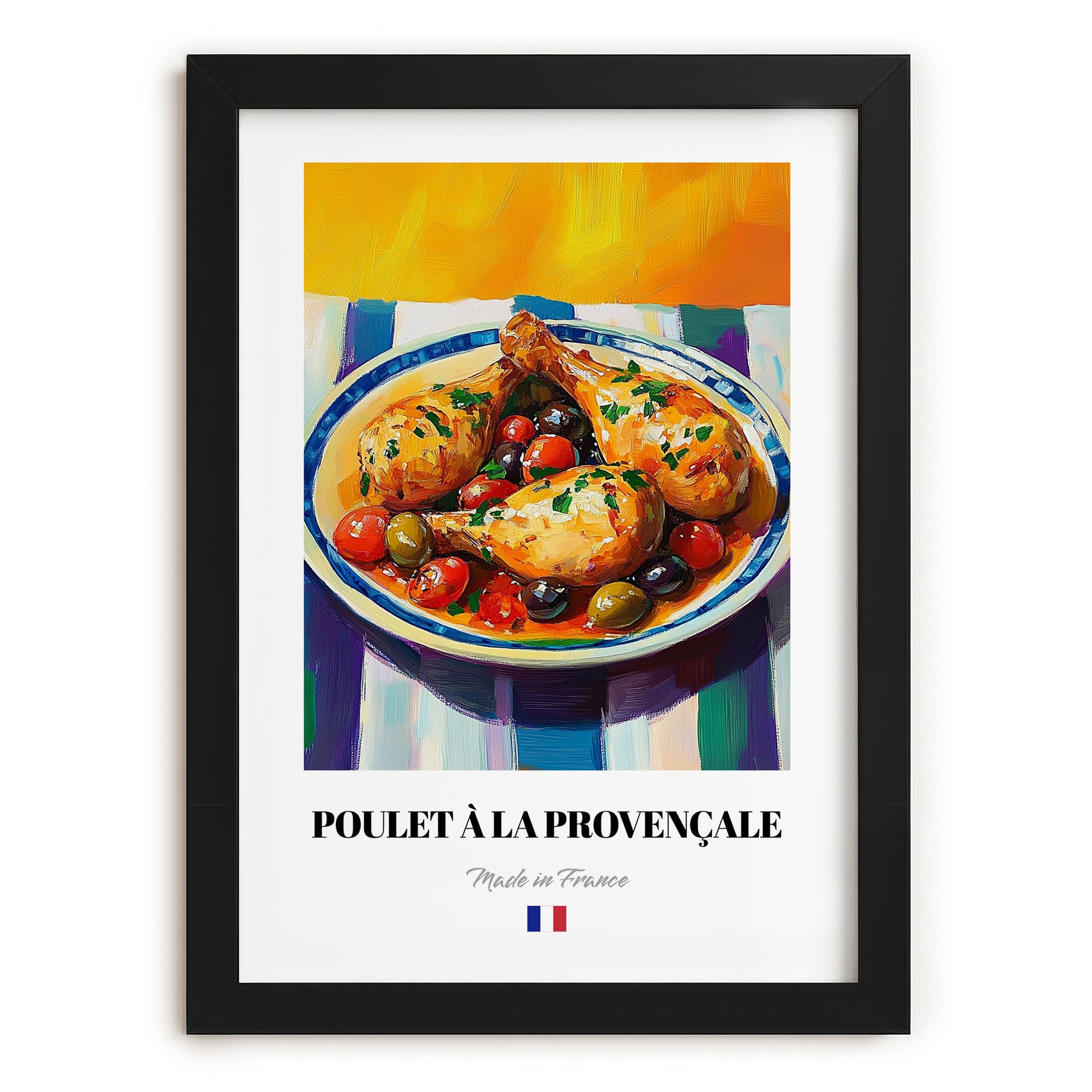 Poulet à la Provençale – Colorful Oil Painting, French Food Painting, in sleek black frame