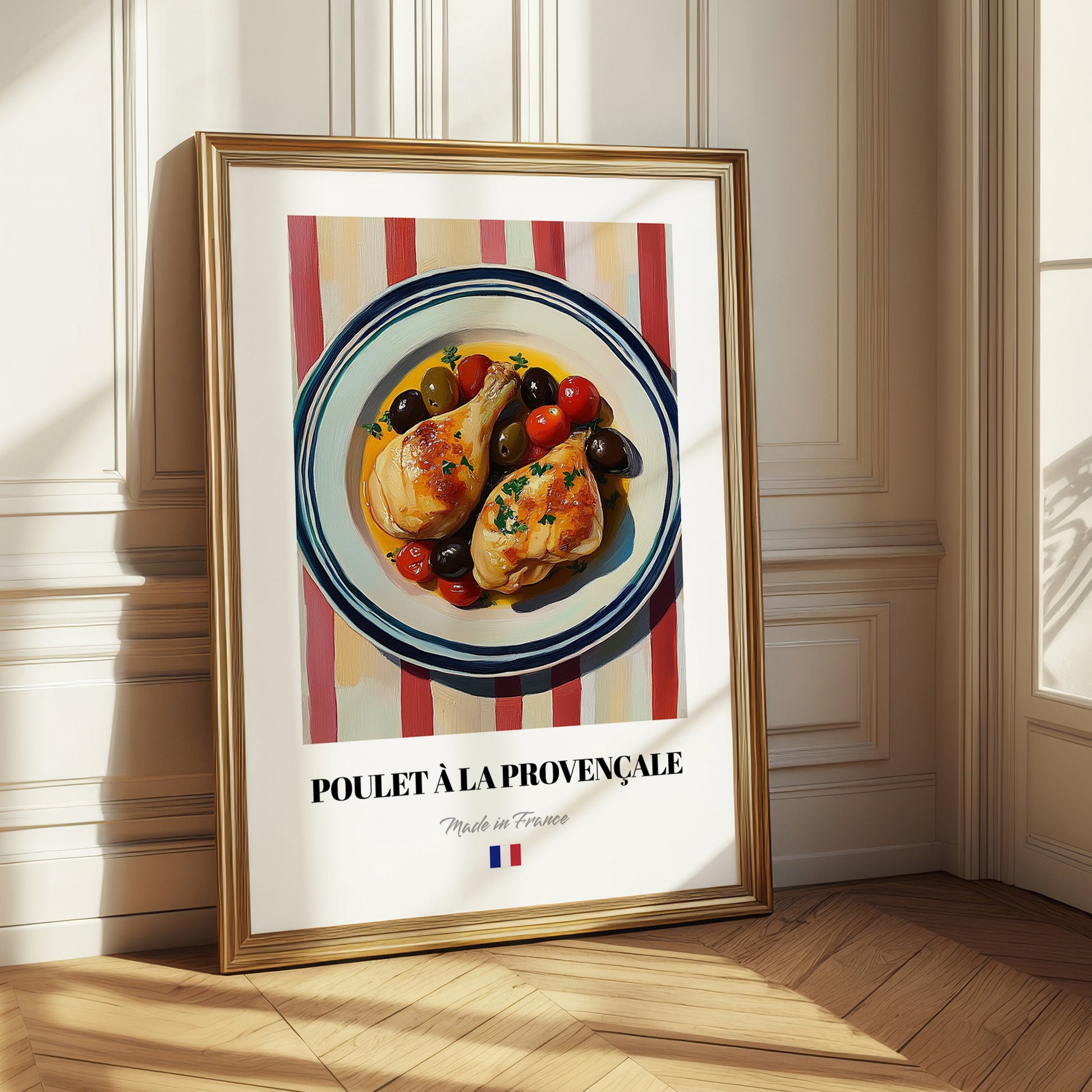 Poulet à la Provençale – on Striped Tablecloth, French Food Print