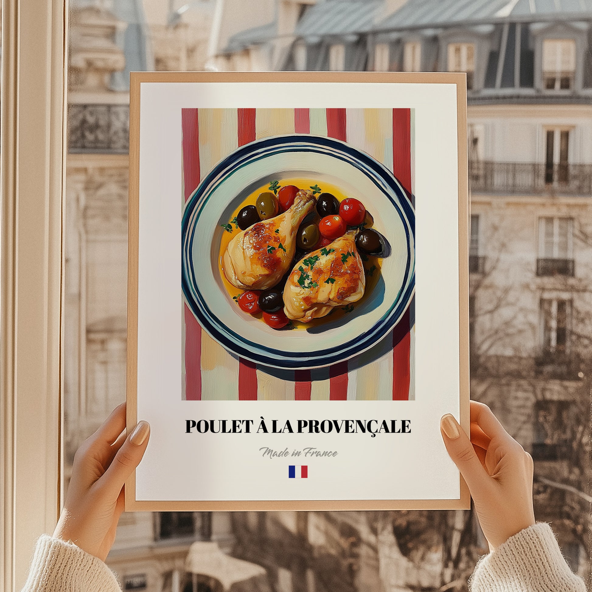 Poulet à la Provençale – on Striped Tablecloth, French Food Print, styled in a charming Paris street view