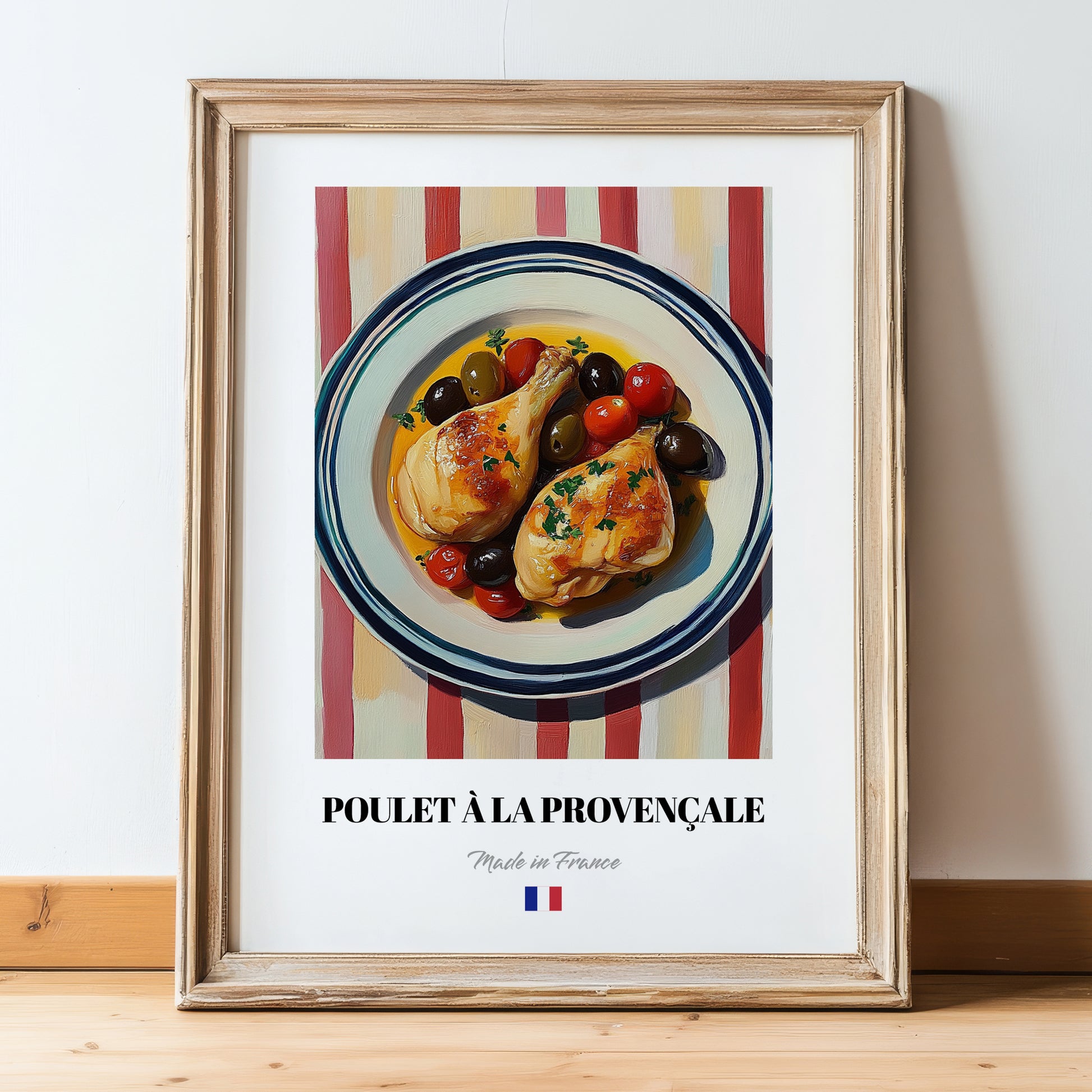 Poulet à la Provençale – on Striped Tablecloth, French Food Print, in wooden frame leaning on the floor