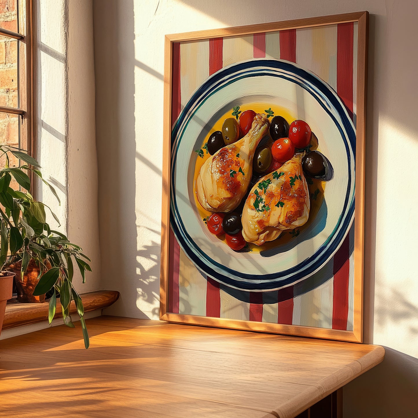 Poulet à la Provençale – on Striped Tablecloth, French Food Print, clean layout with no caption