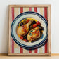 Poulet à la Provençale – on Striped Tablecloth, French Food Print, no-text version framed in wood