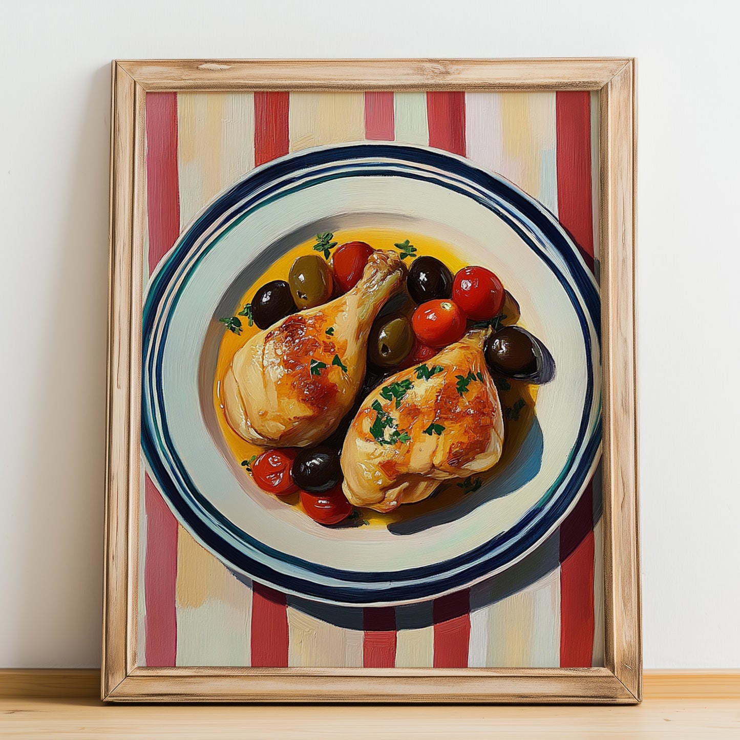 Poulet à la Provençale – on Striped Tablecloth, French Food Print, no-text version framed in wood