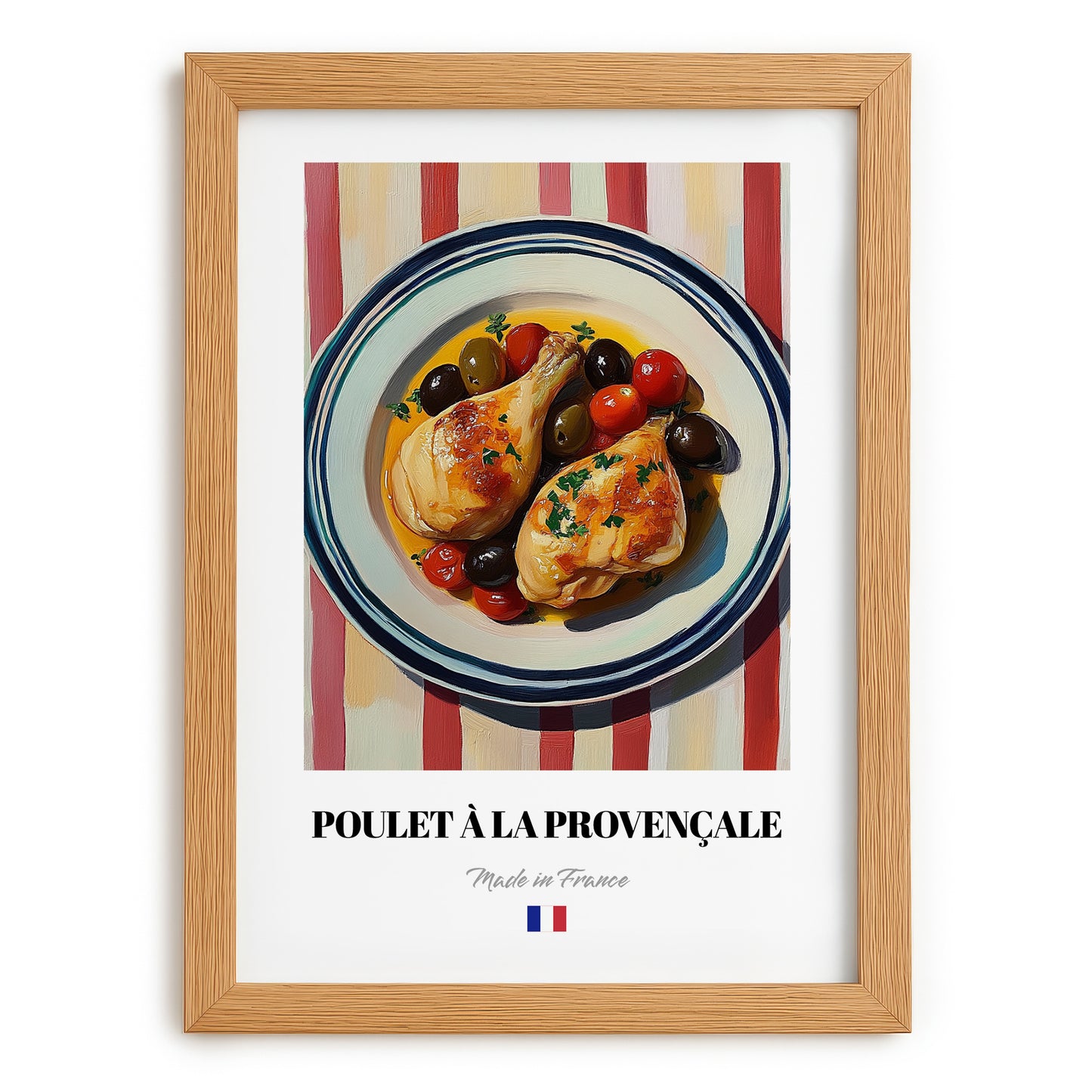 Poulet à la Provençale – on Striped Tablecloth, French Food Print, set in oak frame