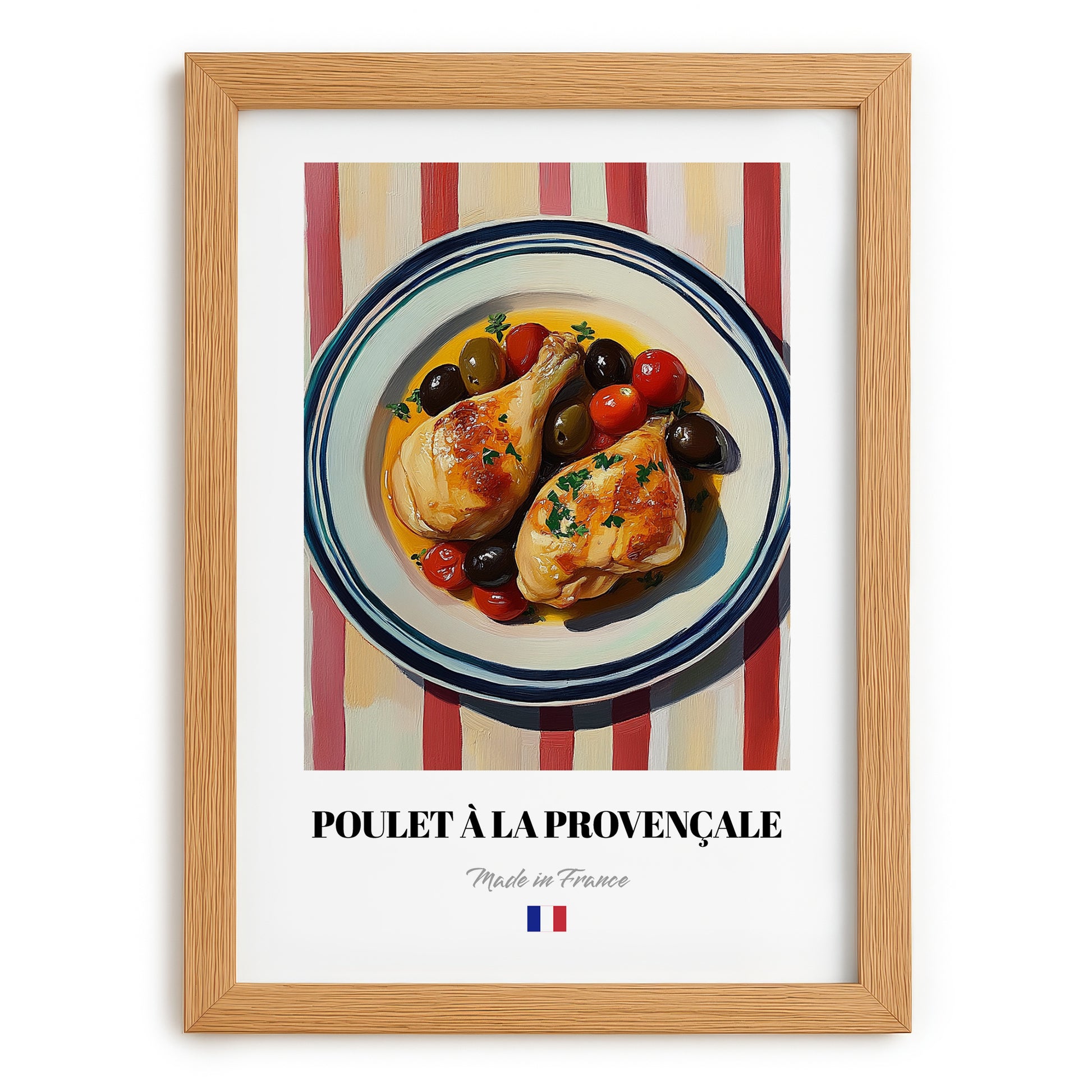 Poulet à la Provençale – on Striped Tablecloth, French Food Print, set in oak frame