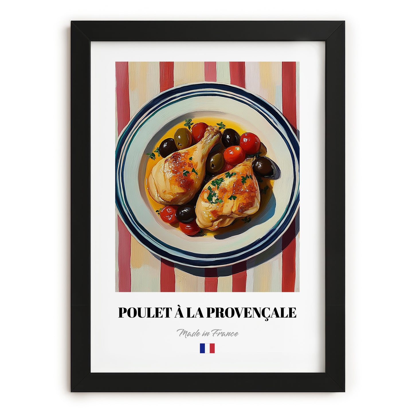 Poulet à la Provençale – on Striped Tablecloth, French Food Print, in sleek black frame