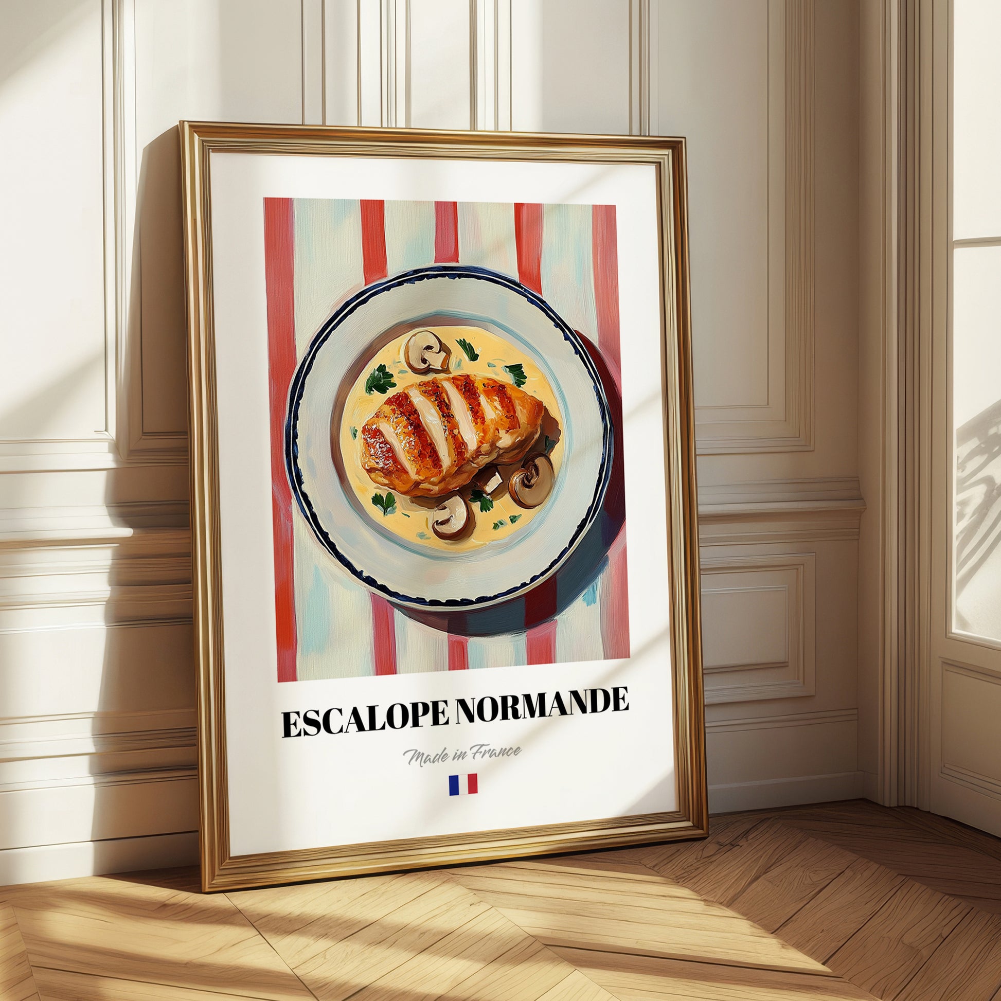 Escalope Normande – on Striped Tablecloth, French Food Illustration
