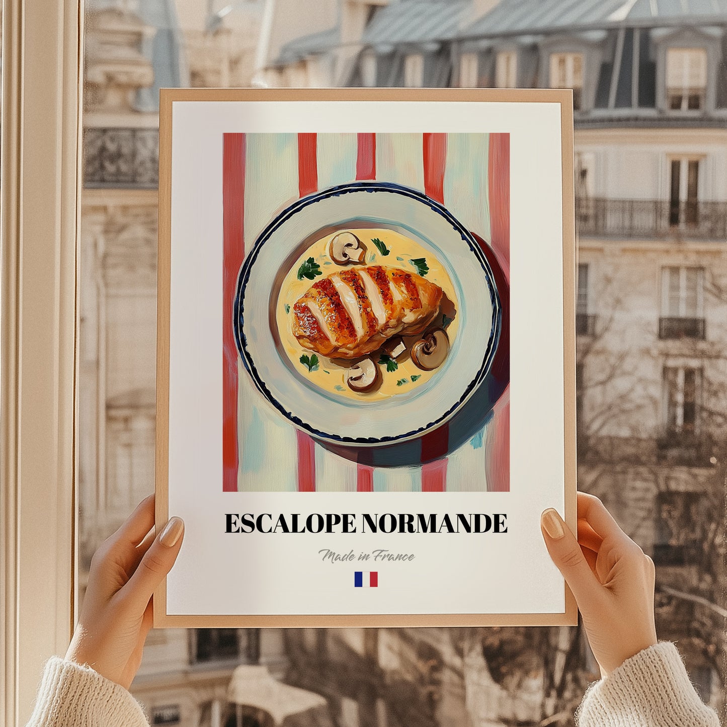 Escalope Normande – on Striped Tablecloth, French Food Illustration, styled in a charming Paris street view