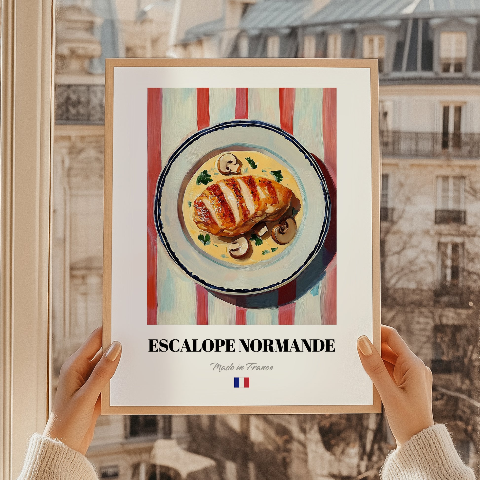 Escalope Normande – on Striped Tablecloth, French Food Illustration, styled in a charming Paris street view