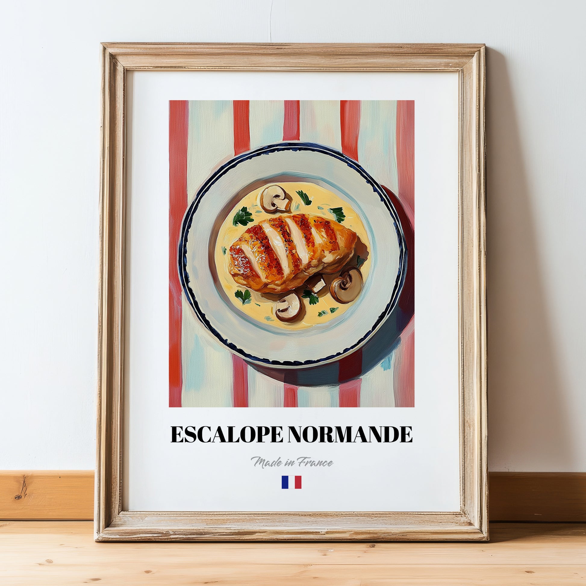 Escalope Normande – on Striped Tablecloth, French Food Illustration, in wooden frame leaning on the floor