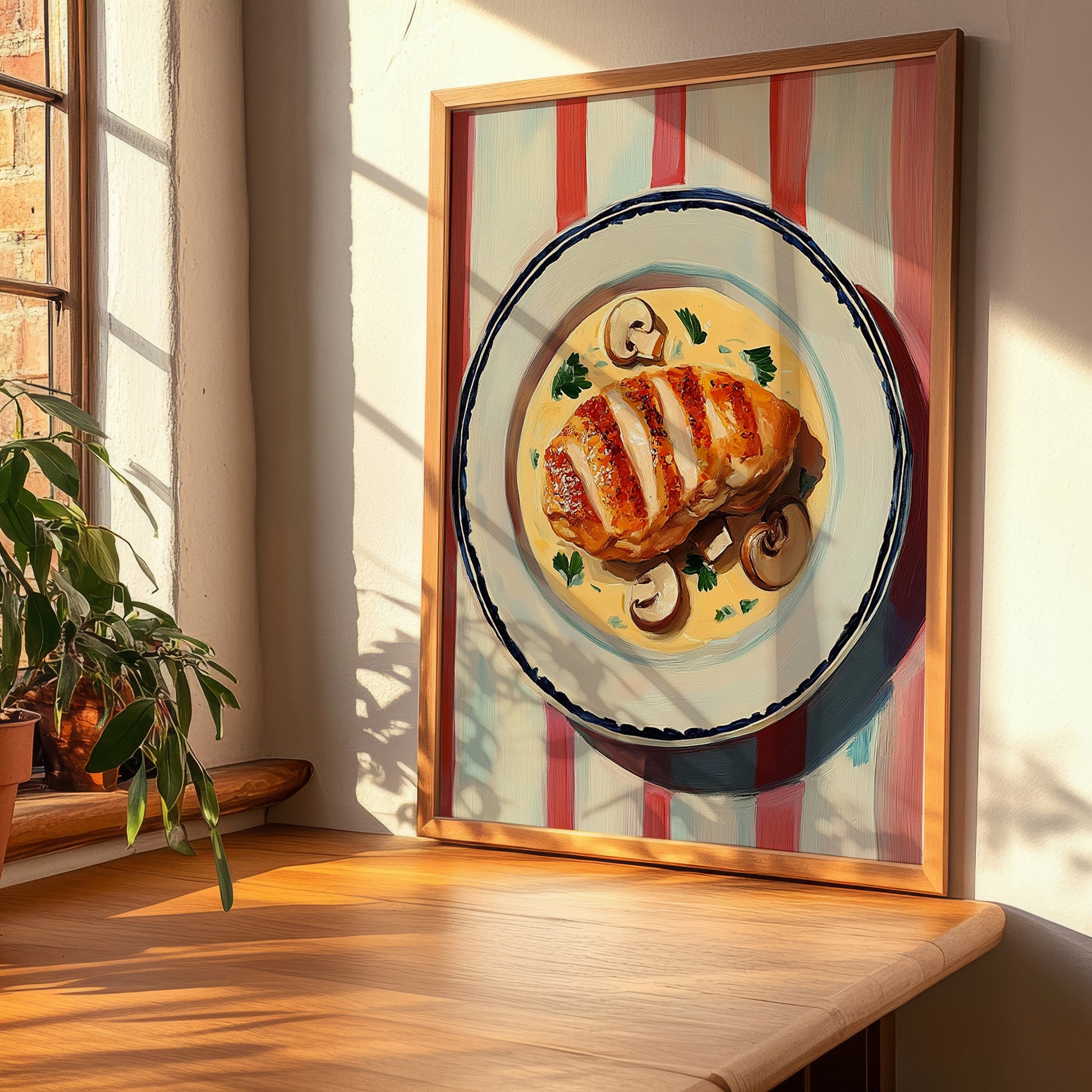 Escalope Normande – on Striped Tablecloth, French Food Illustration, clean layout with no caption
