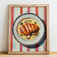 Escalope Normande – on Striped Tablecloth, French Food Illustration, no-text version framed in wood