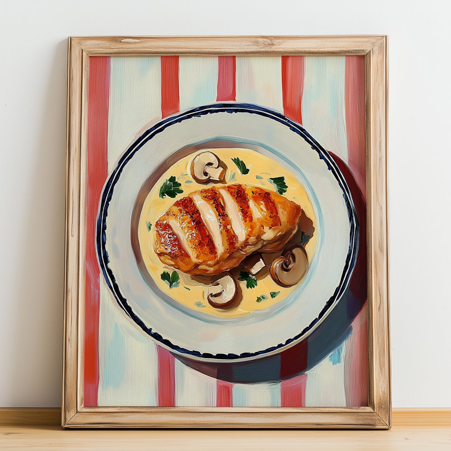 Escalope Normande – on Striped Tablecloth, French Food Illustration, no-text version framed in wood