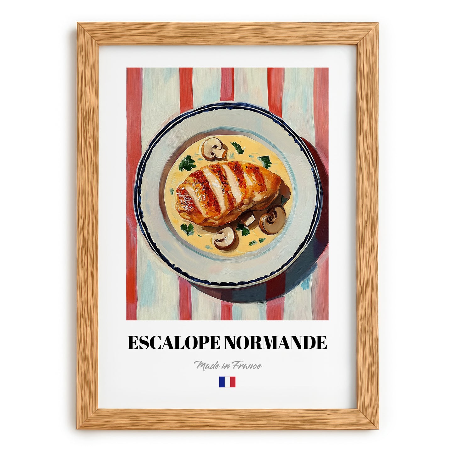 Escalope Normande – on Striped Tablecloth, French Food Illustration, set in oak frame
