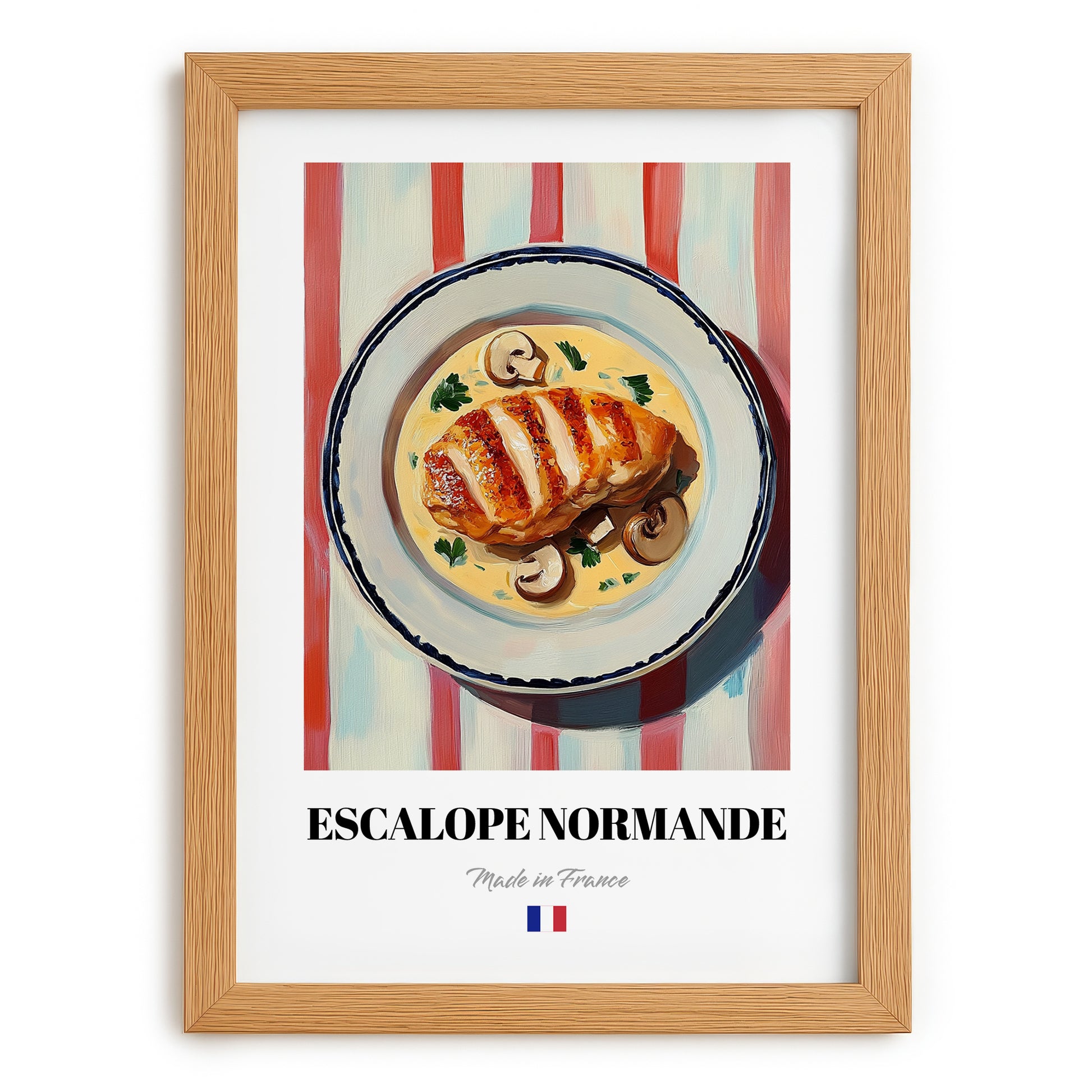 Escalope Normande – on Striped Tablecloth, French Food Illustration, set in oak frame