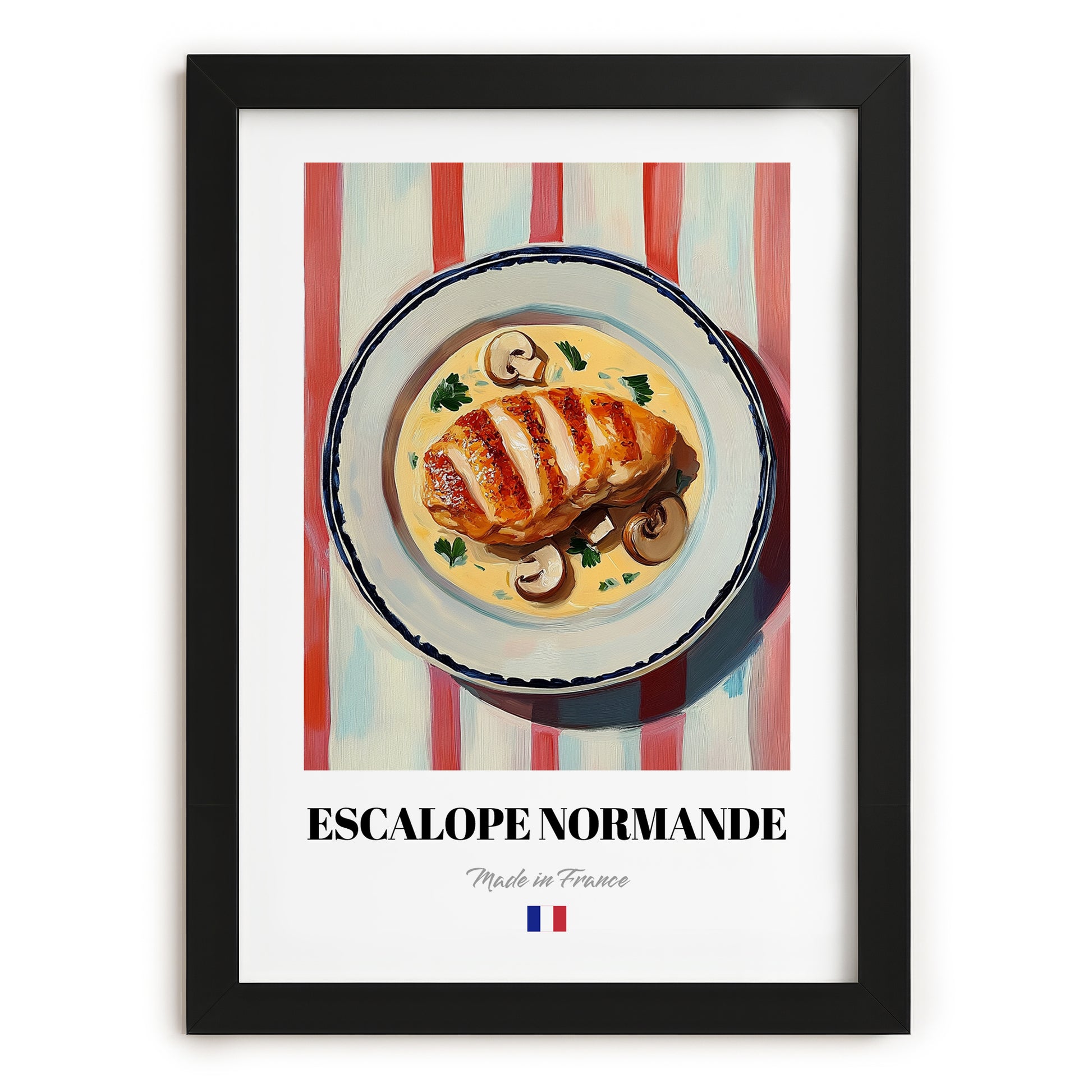 Escalope Normande – on Striped Tablecloth, French Food Illustration, in sleek black frame