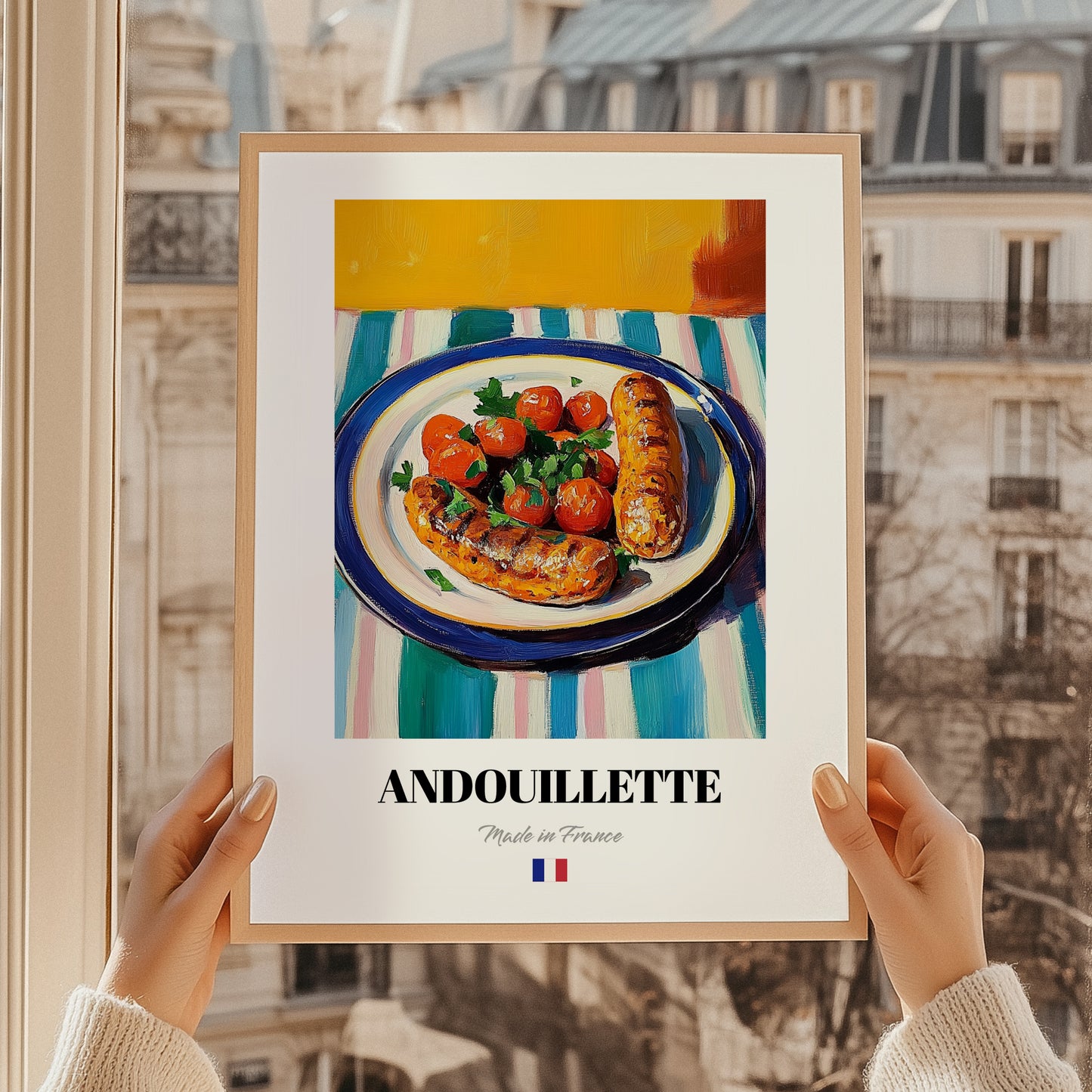Andouillette – Oil Painting, French Food Painting, styled in a charming Paris street view