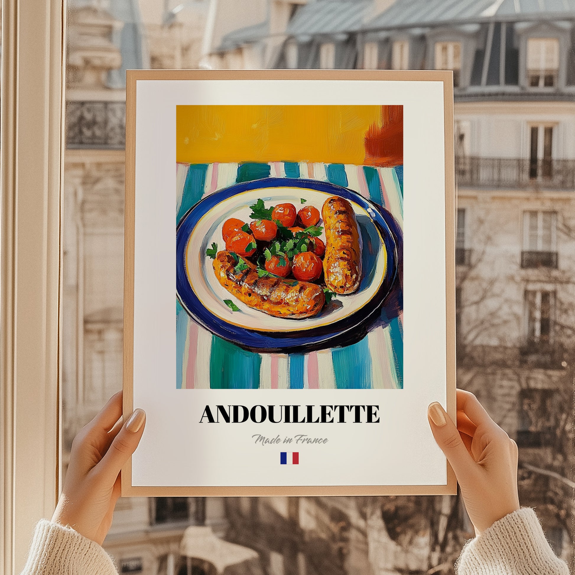 Andouillette – Oil Painting, French Food Painting, styled in a charming Paris street view