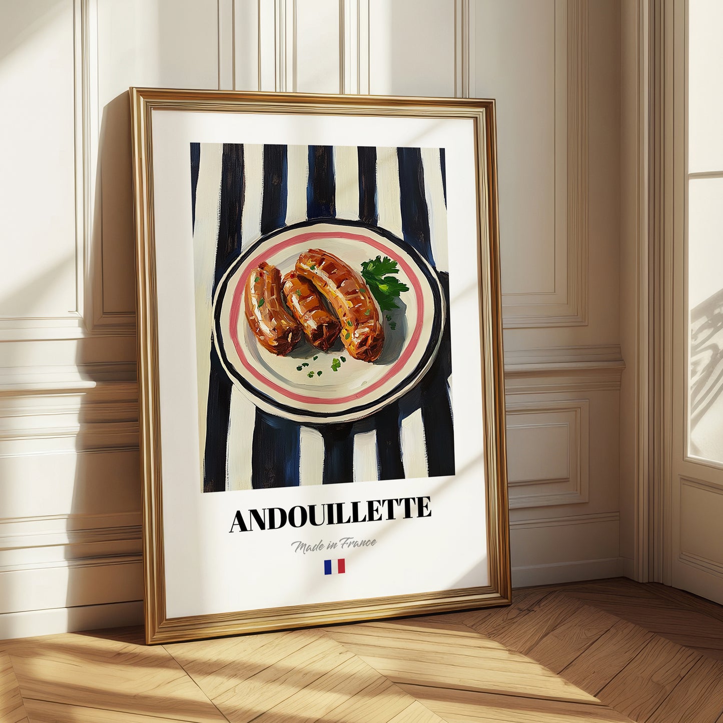 Andouillette – on Striped Tablecloth, French Food Wall Decor