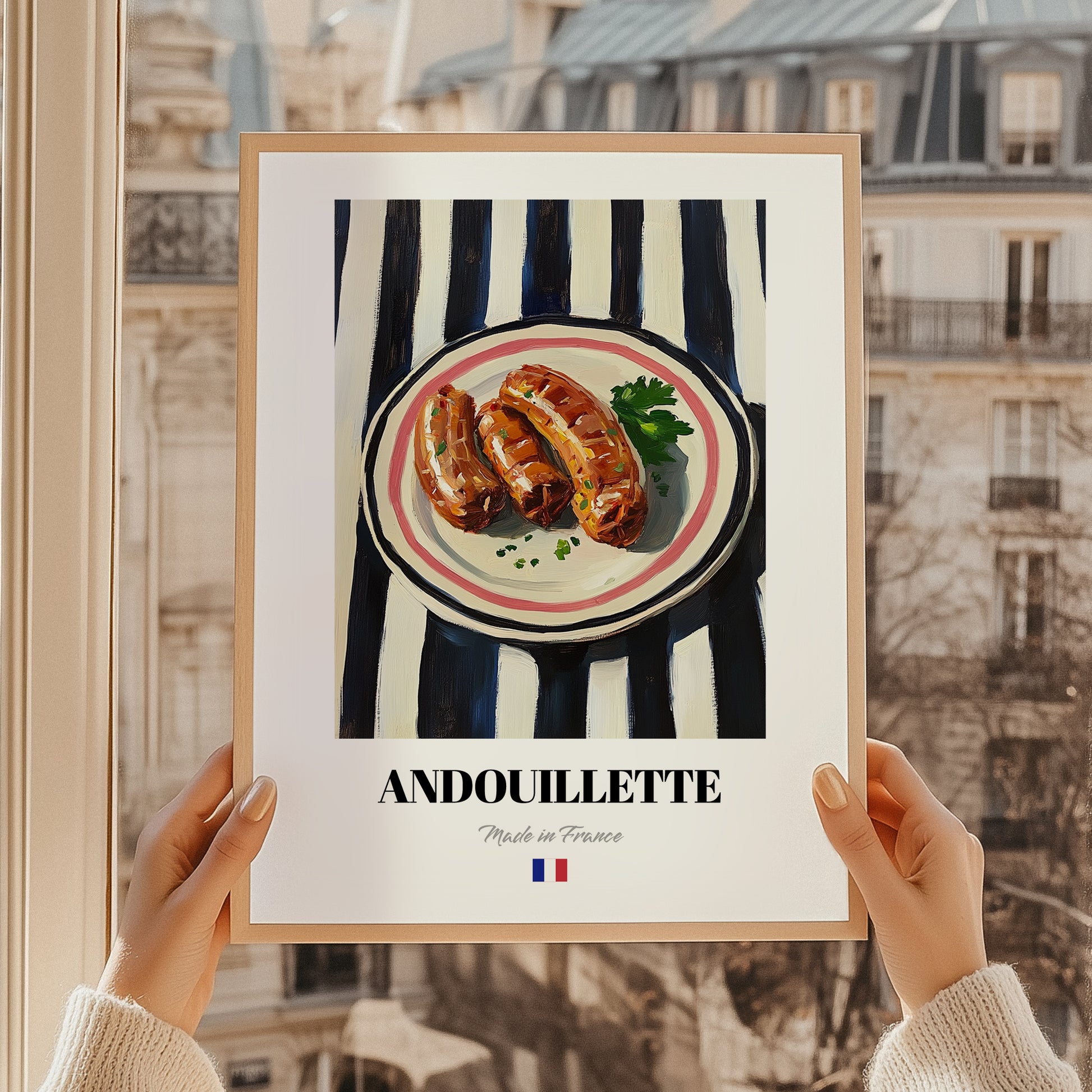 Andouillette – on Striped Tablecloth, French Food Wall Decor, styled in a charming Paris street view