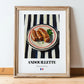 Andouillette – on Striped Tablecloth, French Food Wall Decor, in wooden frame leaning on the floor