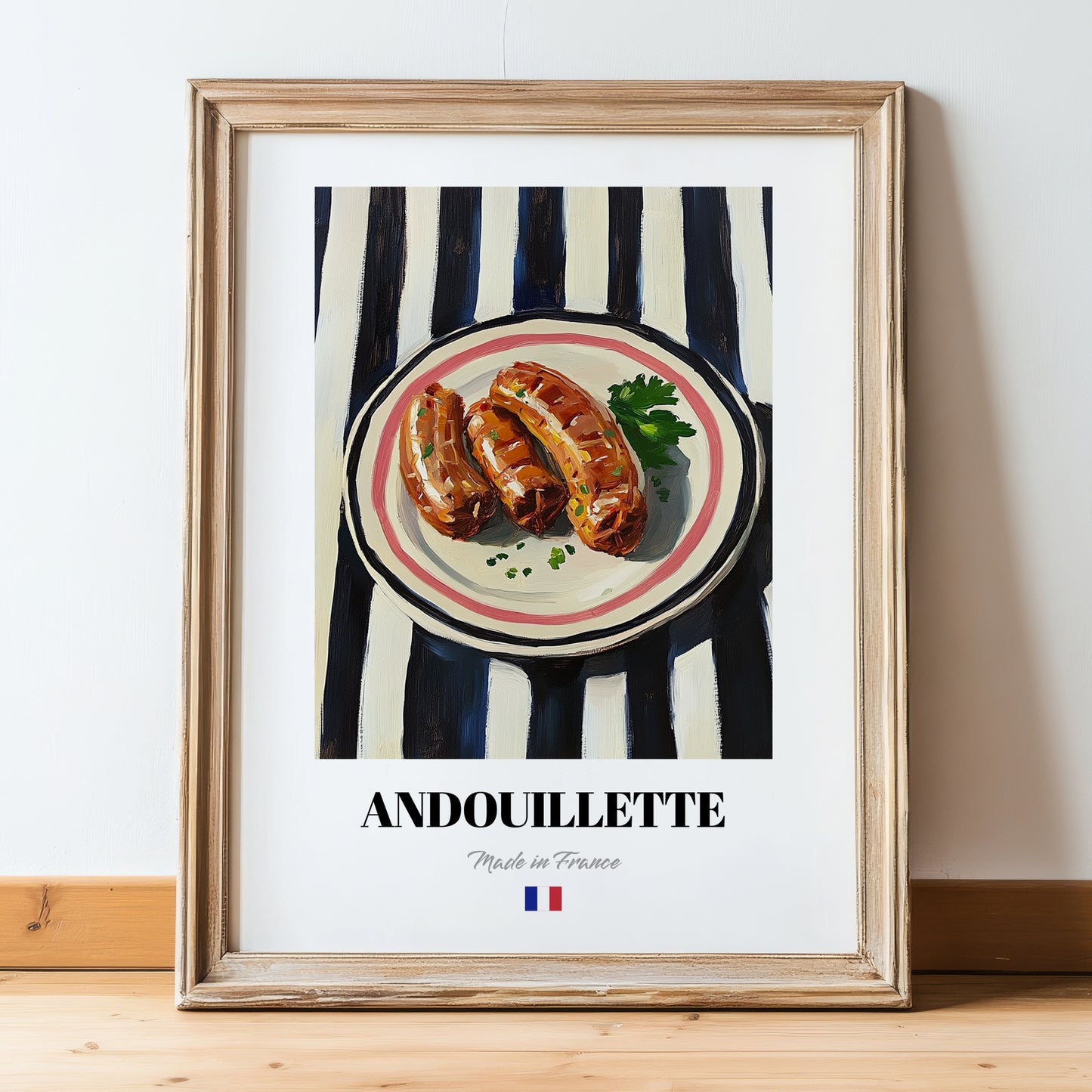 Andouillette – on Striped Tablecloth, French Food Wall Decor, in wooden frame leaning on the floor