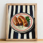 Andouillette – on Striped Tablecloth, French Food Wall Decor, no-text version framed in wood