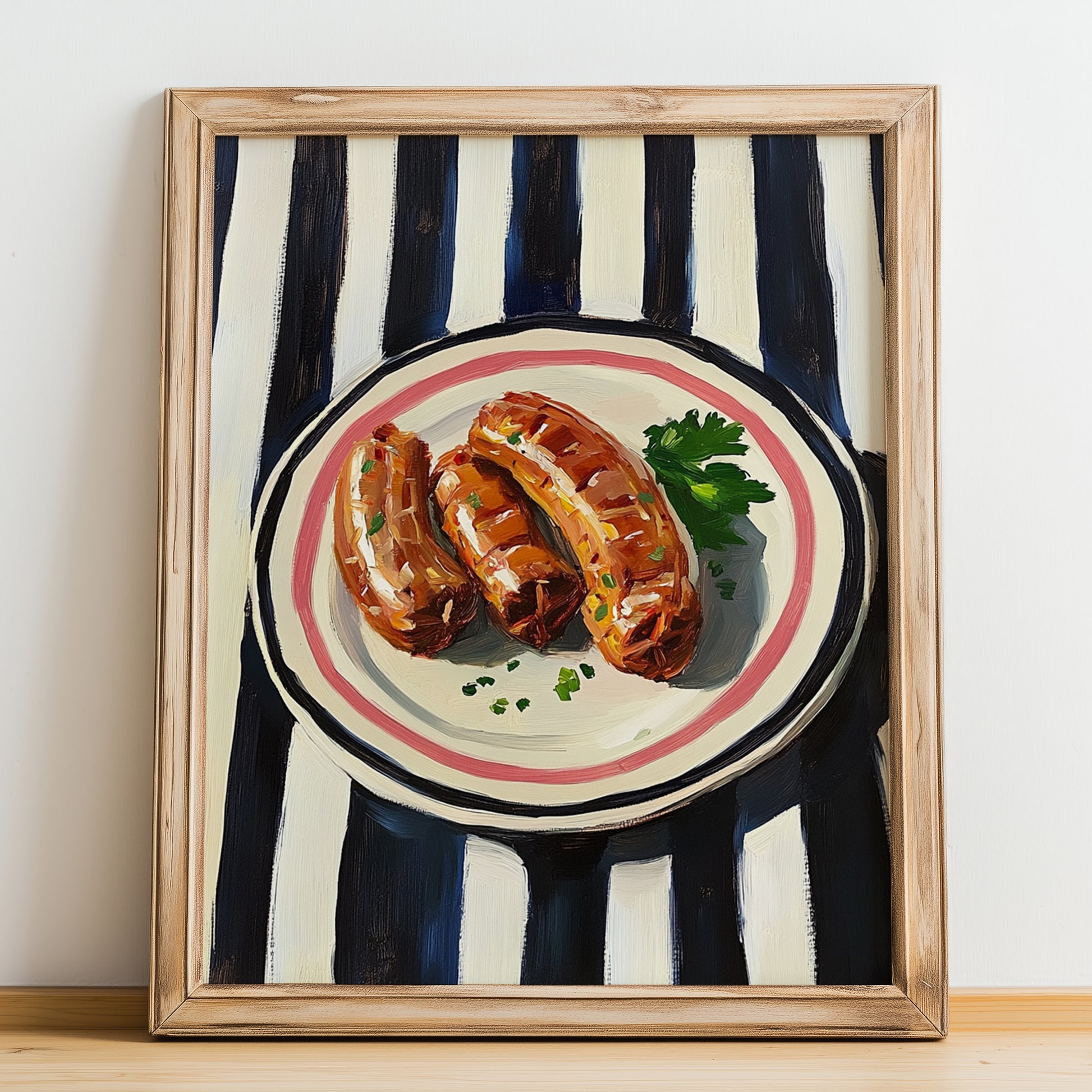 Andouillette – on Striped Tablecloth, French Food Wall Decor, no-text version framed in wood