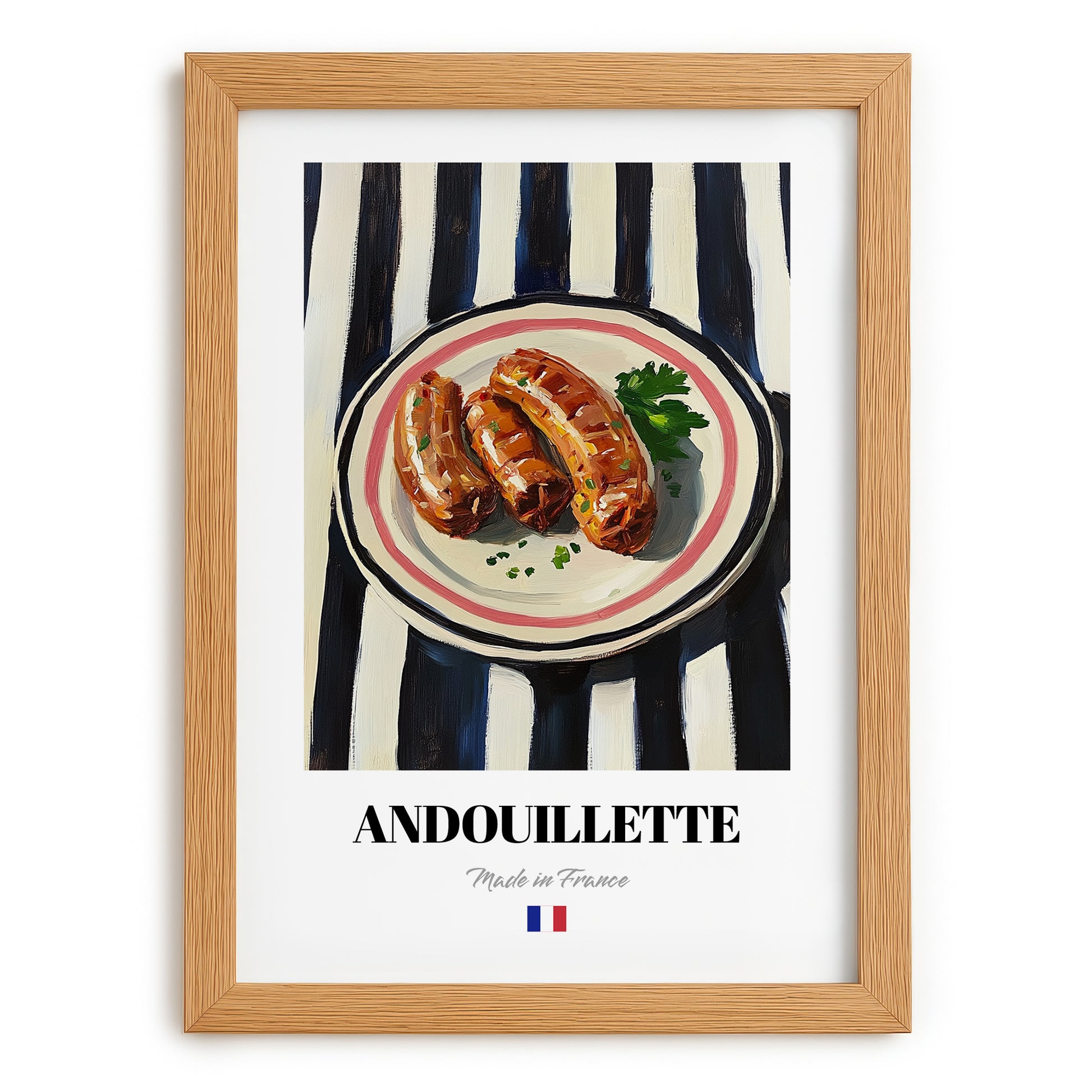 Andouillette – on Striped Tablecloth, French Food Wall Decor, set in oak frame