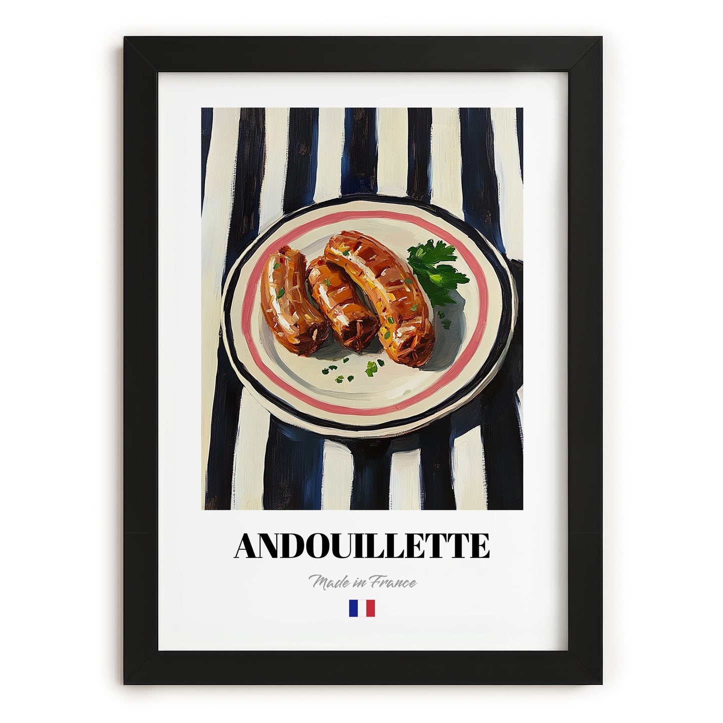 Andouillette – on Striped Tablecloth, French Food Wall Decor, in sleek black frame