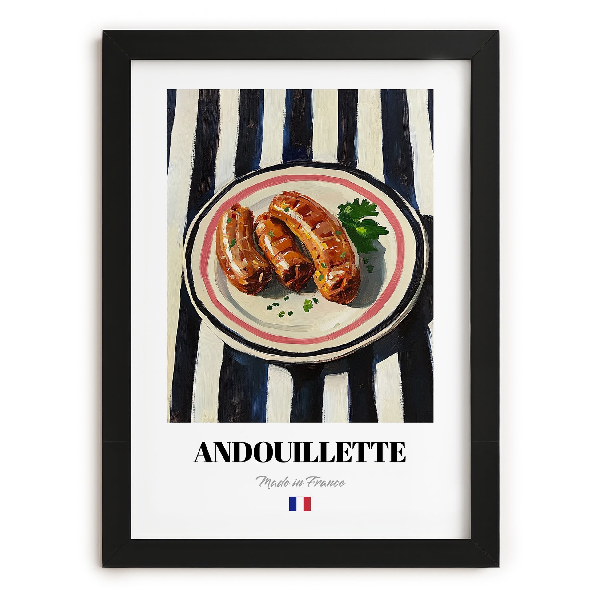 Andouillette – on Striped Tablecloth, French Food Wall Decor, in sleek black frame