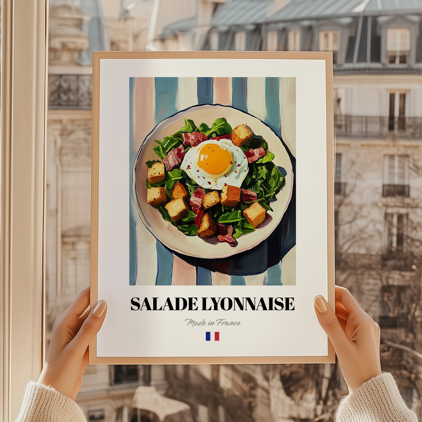 Salade Lyonnaise – on Striped Tablecloth, French Food Still Life, styled in a charming Paris street view