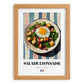 Salade Lyonnaise – on Striped Tablecloth, French Food Still Life, set in oak frame