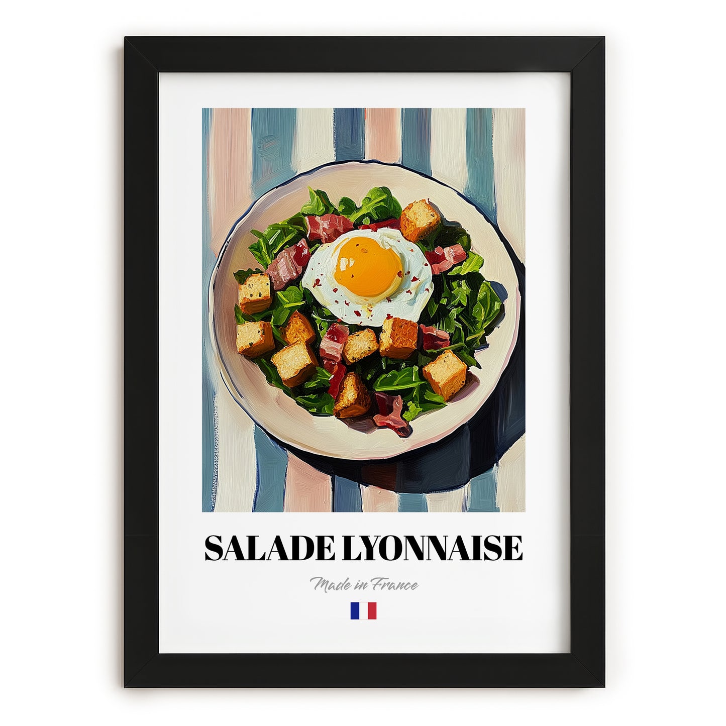 Salade Lyonnaise – on Striped Tablecloth, French Food Still Life, in sleek black frame