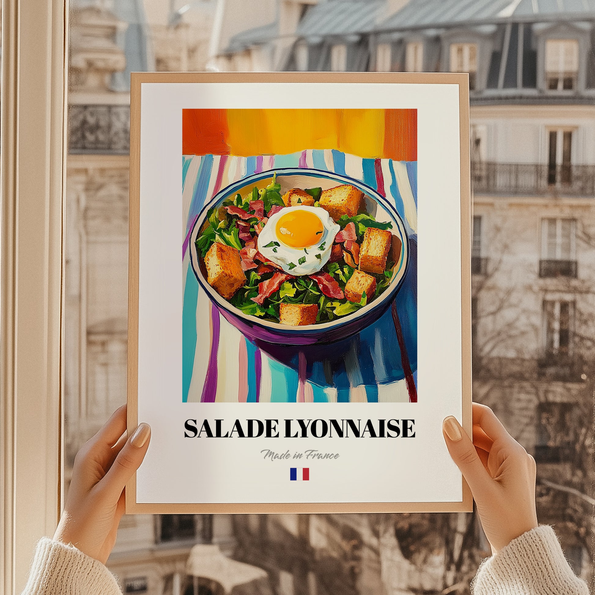 Salade Lyonnaise – Colorful Oil Painting, French Food Wall Illustration, styled in a charming Paris street view